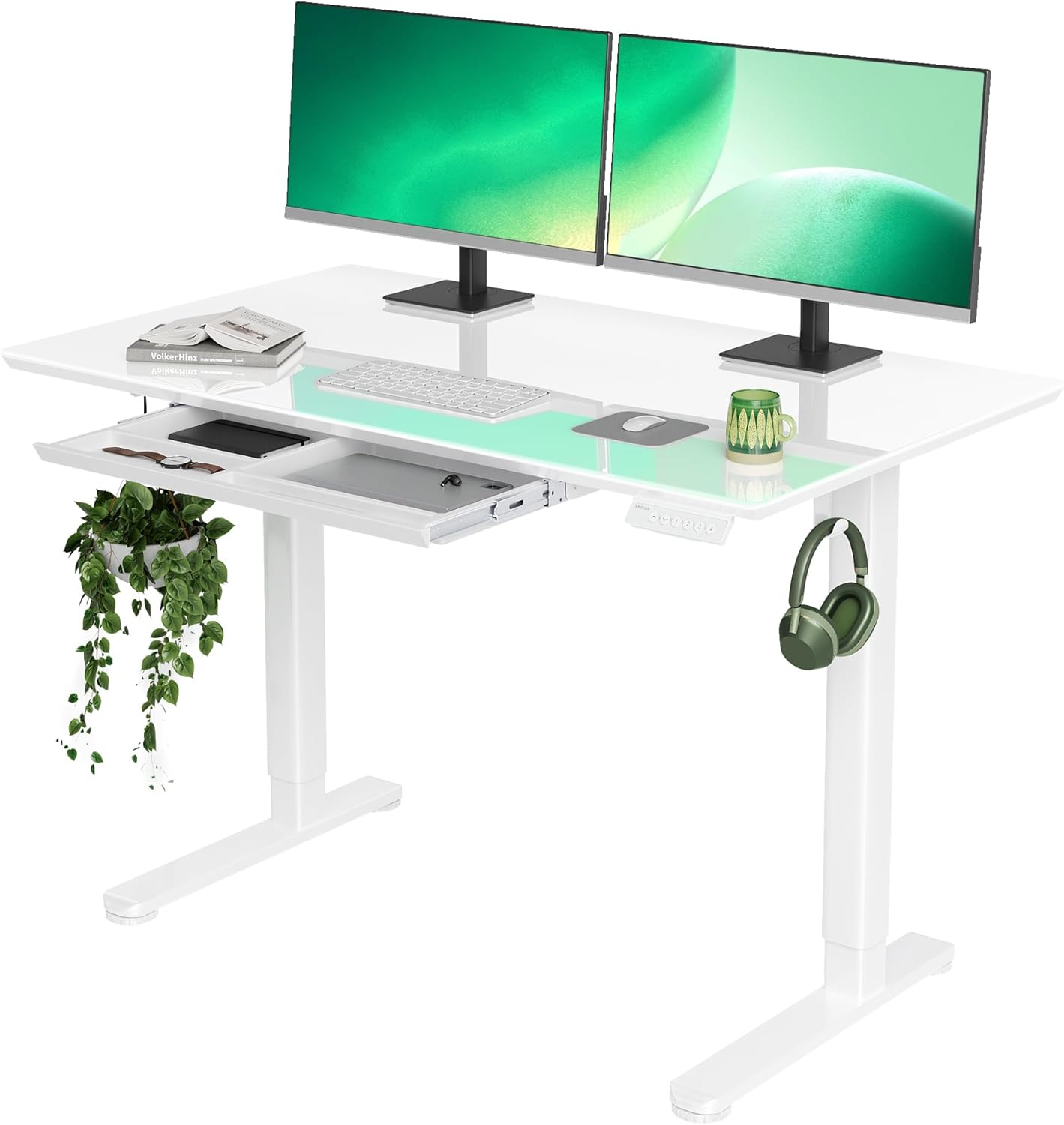 Glass Standing Desk with Drawers, 48×24 Inch Adjustable Stand Up Desk Quick Inst...