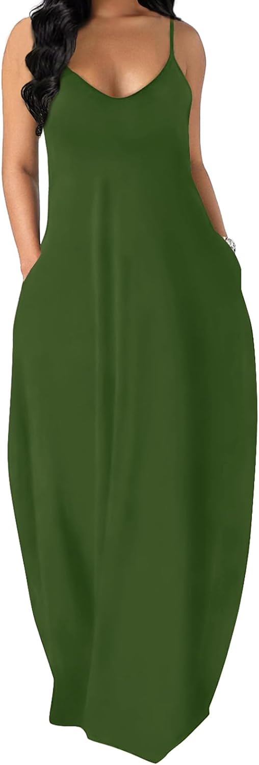 OFEEFAN Women's Maxi Dresses Summer Spaghetti Strap Dress with Pockets X-Large A...