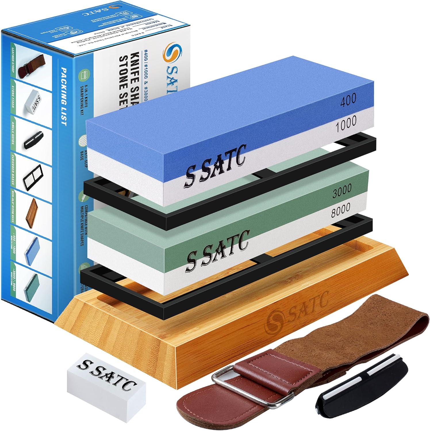 SATC Sharpening Stones for Kitchen Knives 400 1000 3000 8000 Grit Whetstone Shar...