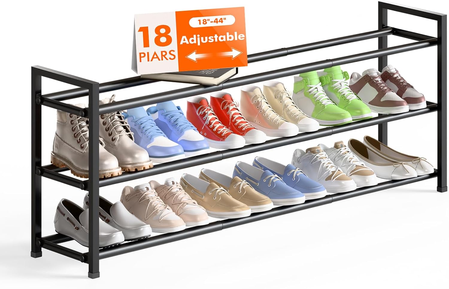 Bumusty 3-Tier Long Expandable Shoe Rack for Closet, 18"-44" Adjustable Shoe Rac...