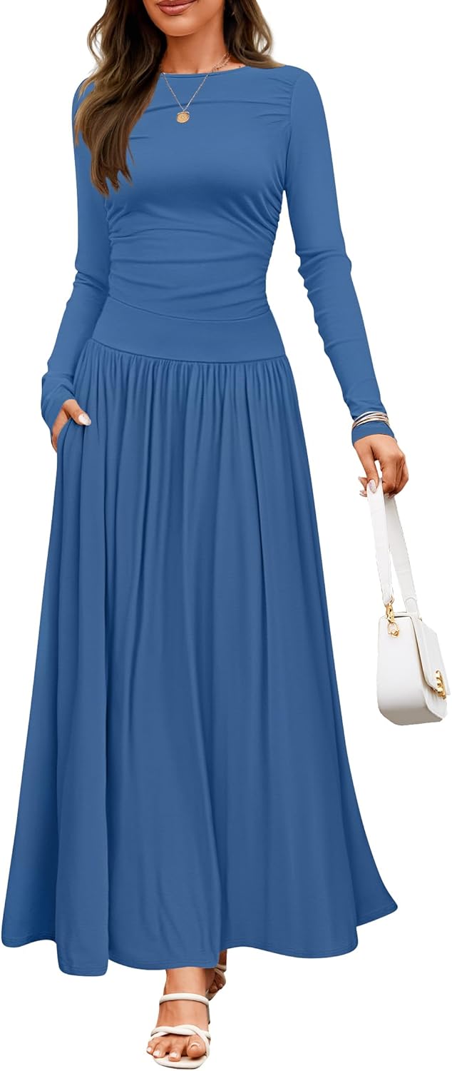 ZESICA Women's Long Sleeve Spring Maxi Dress 2025 Crewneck Knit Casual Slim Swin...