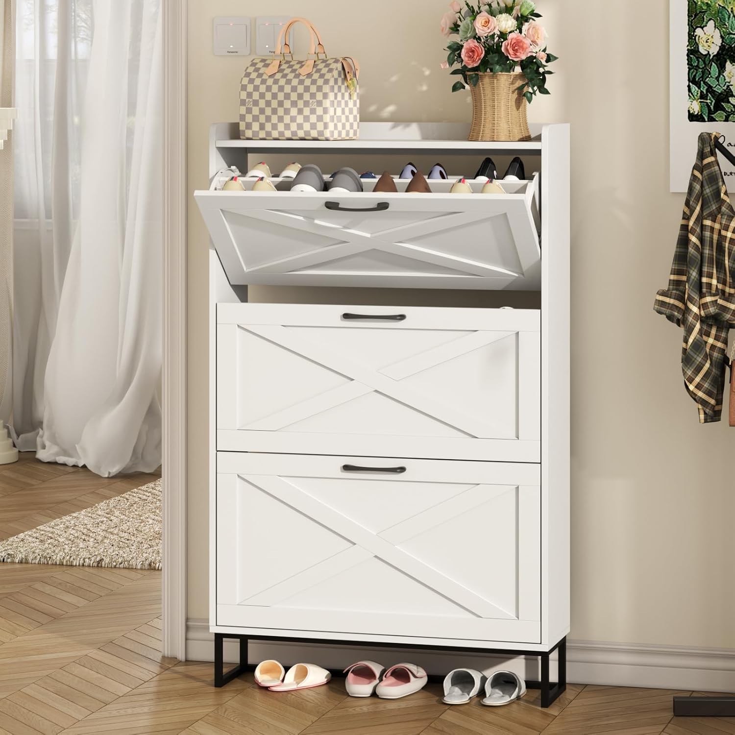 Maupvit Shoe Storage Cabinet with 3 Flip Drawers, Freestanding Organizer with Me...