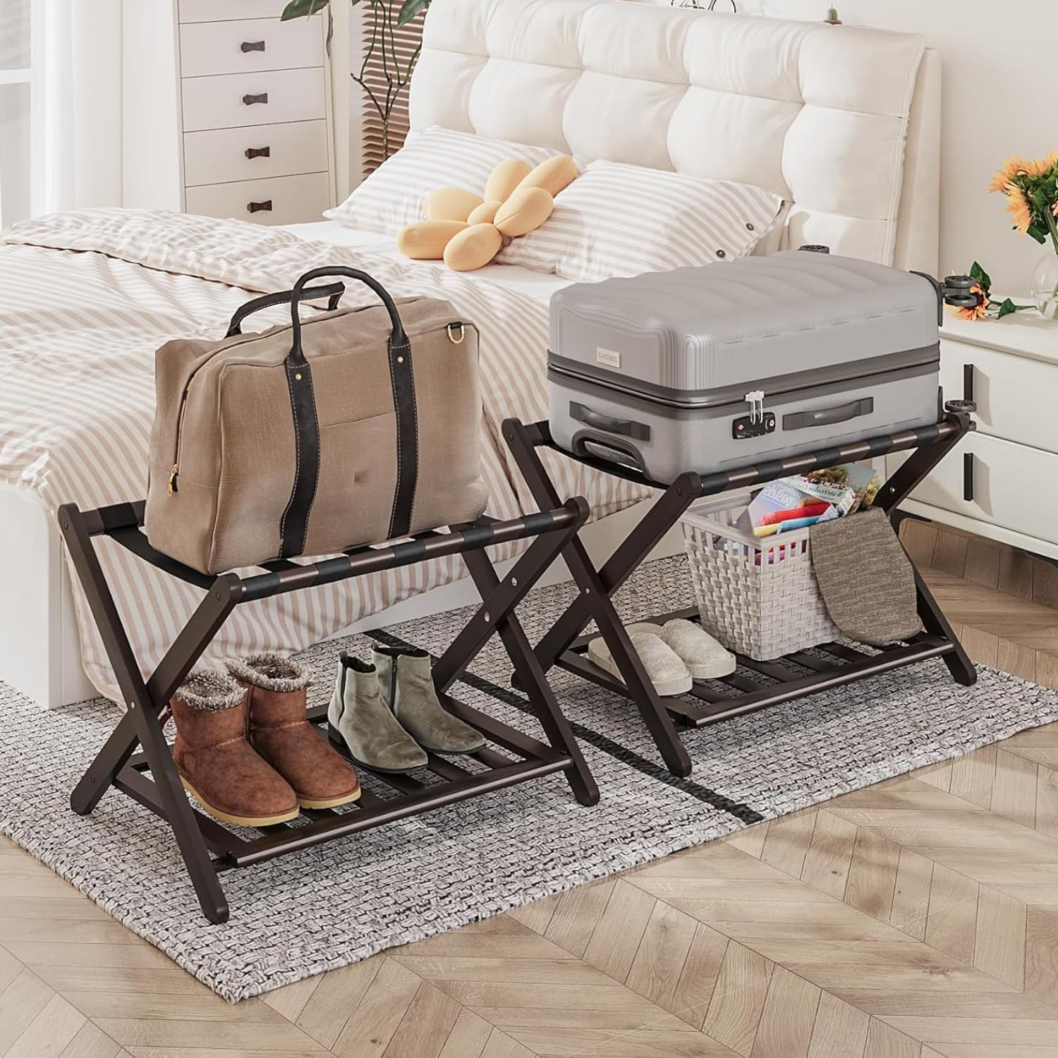 Fully Assembled Luggage Racks Pack of 2, Folding Suitcase Stand with Shoe Shelf,...
