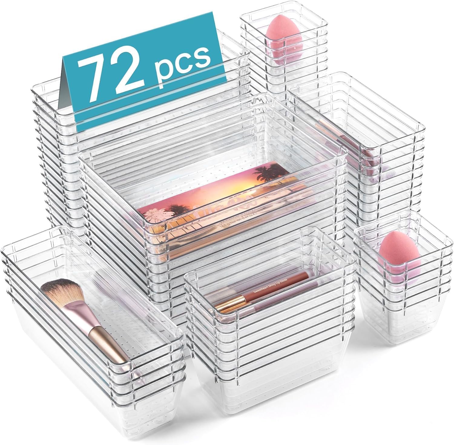Vtopmart 72 Pack Clear Plastic Drawer Organizers Set, 4-Size Versatile Bathroom...