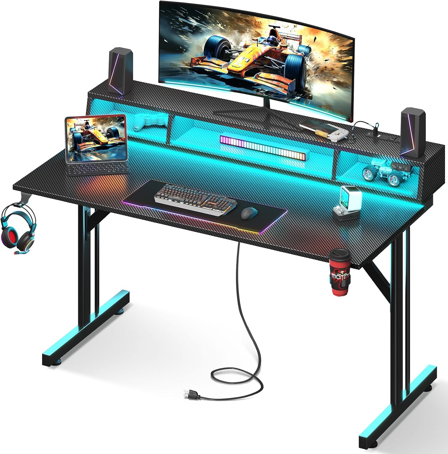 MOTPK 48 inch Gaming Desk with LED Lights & Power Outlets, Small Computer Gaming...