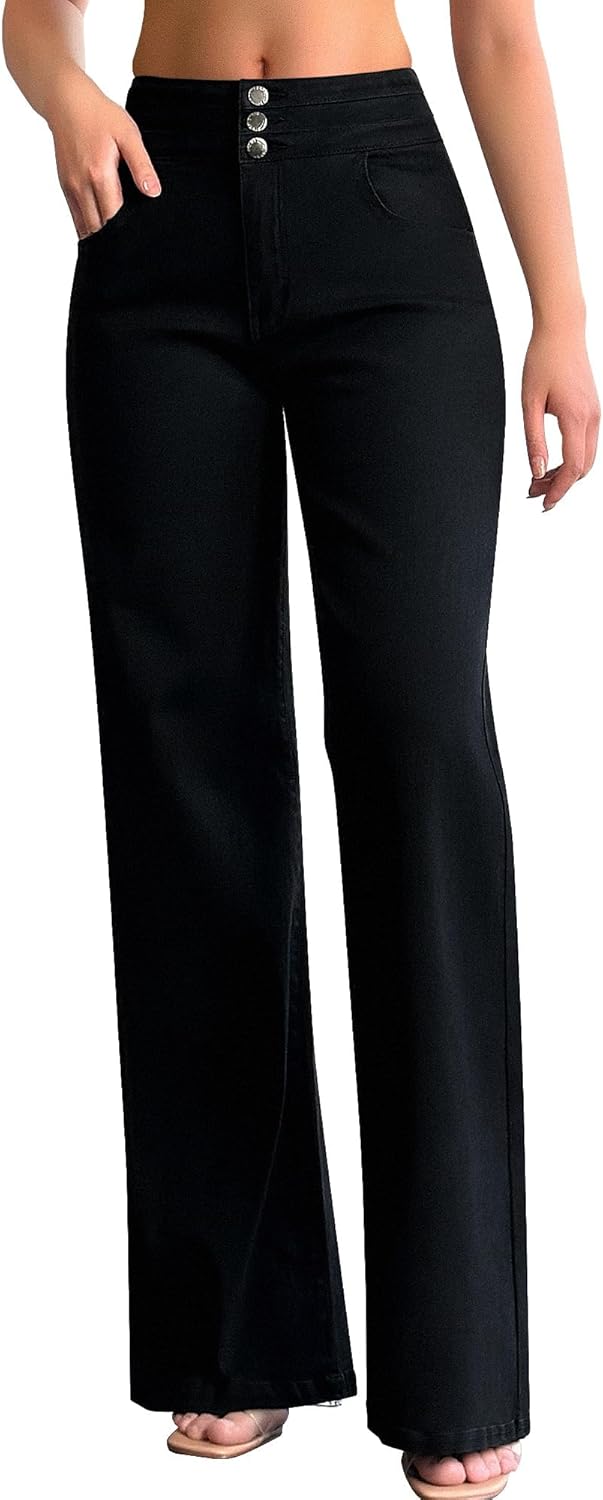 roswear Women's Wide Leg Jeans Casual High Waisted Stretch Baggy Loose Denim Pan...