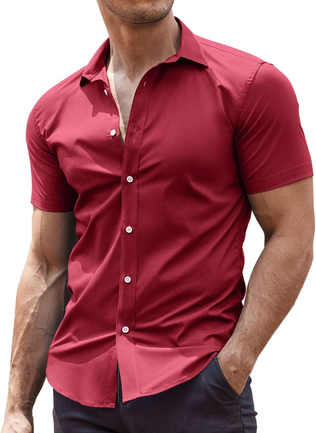 COOFANDY Men's Muscle Fit Dress Shirts Wrinkle-Free Short Sleeve Casual Button D...