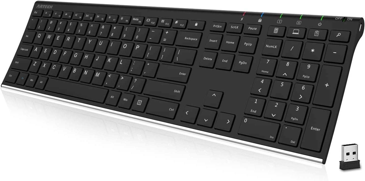 Arteck 2.4G Wireless Keyboard Stainless Steel Ultra Slim Full Size Keyboard with...