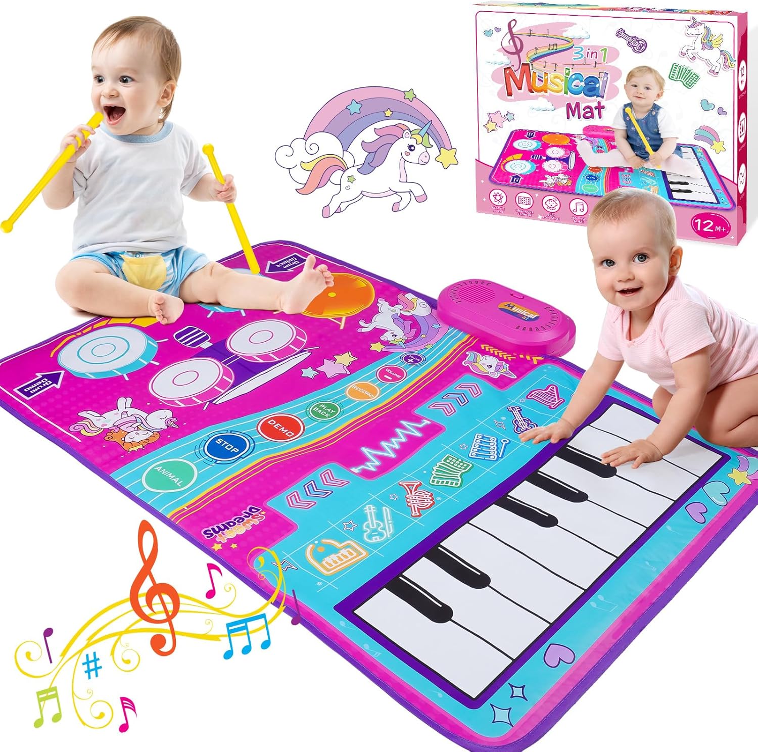 Unicorn Musical Toys for 1 2 3 Year Old Girls, 3 in 1 Piano Drum Mat with 19 Sou...