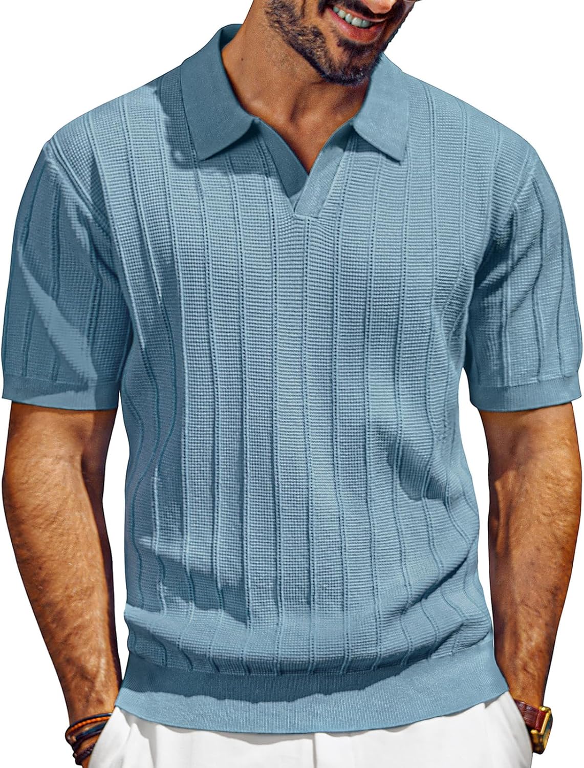 PJ PAUL JONES Mens Polo Shirts V-Neck Knit Polo Textured Summer Shirts Large Lig...