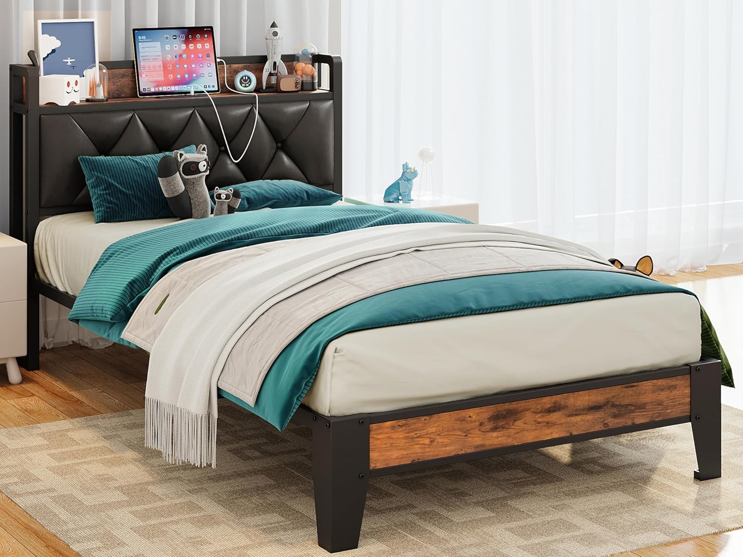 ANCTOR Twin Bed Frames, Storage Headboard with Outlets, Easy to Install, Sturdy...