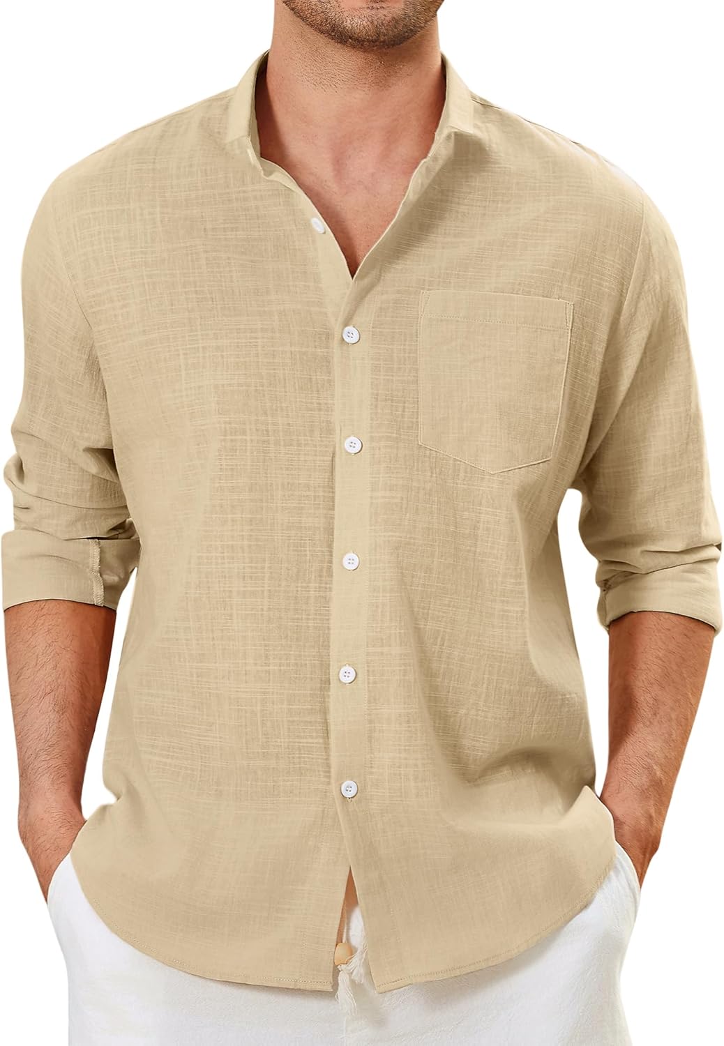 Enlision Mens Cotton Linen Shirts Long Sleeve Casual Henley Shirts Banded Collar...