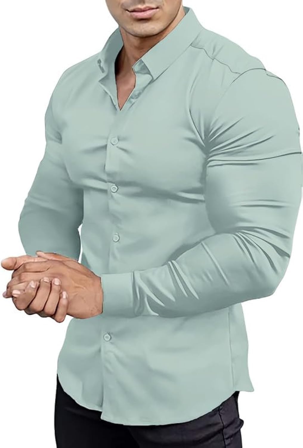 Men’s Muscle Fit Dress Shirts Athletic Slim Fit Long Sleeve Stretch Casual Butto...