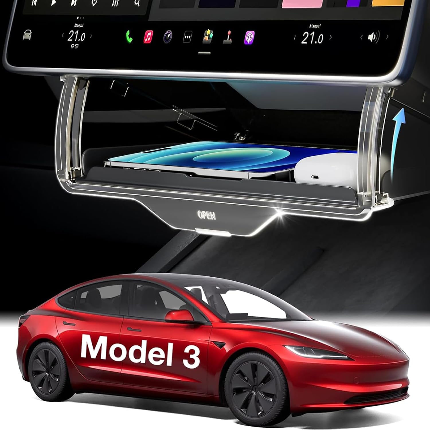 2025 Tesla Model 3 Accessories Under Screen Storage Box [Hidden Design & Stable...