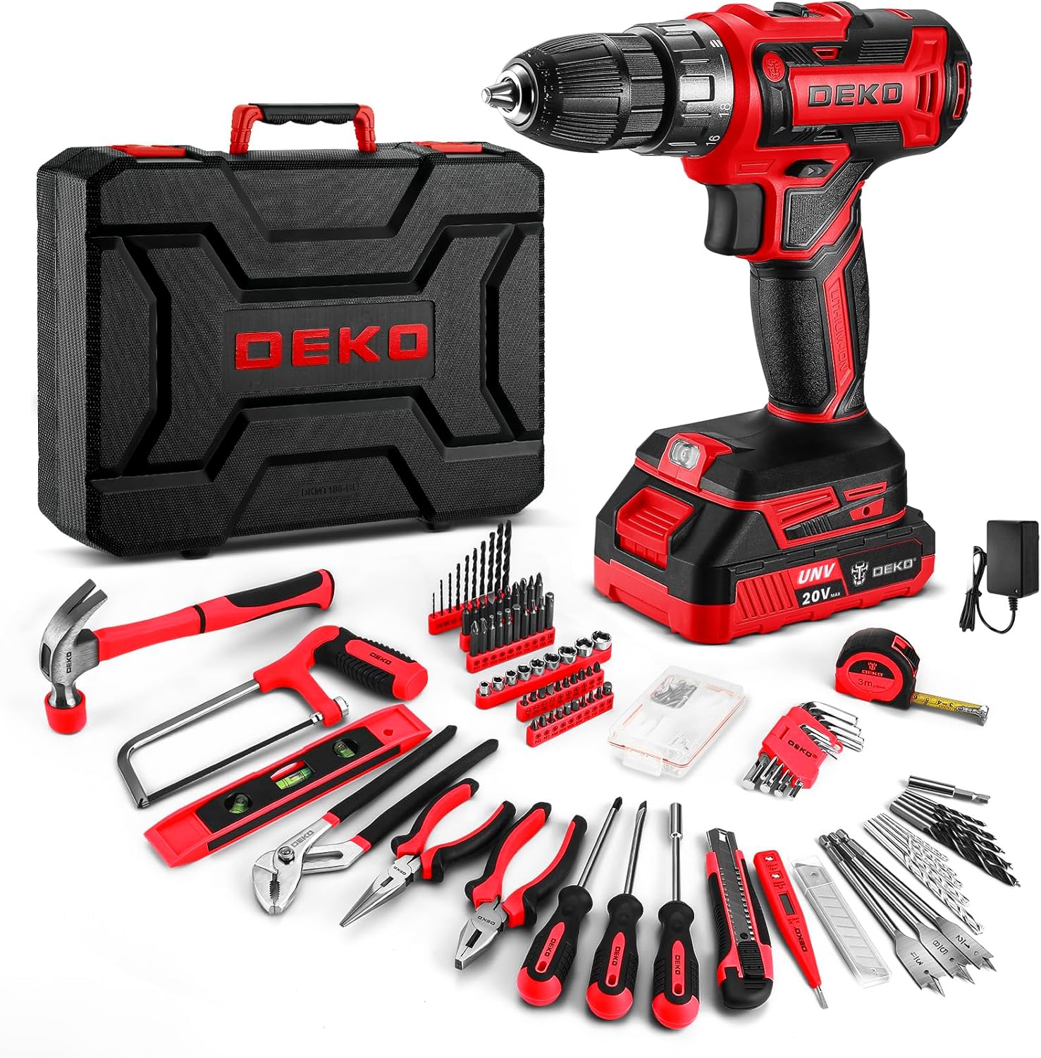 Red Drill Tool Kit Set: 20V Cordless Power Drill Tool Box with Battery Electric...
