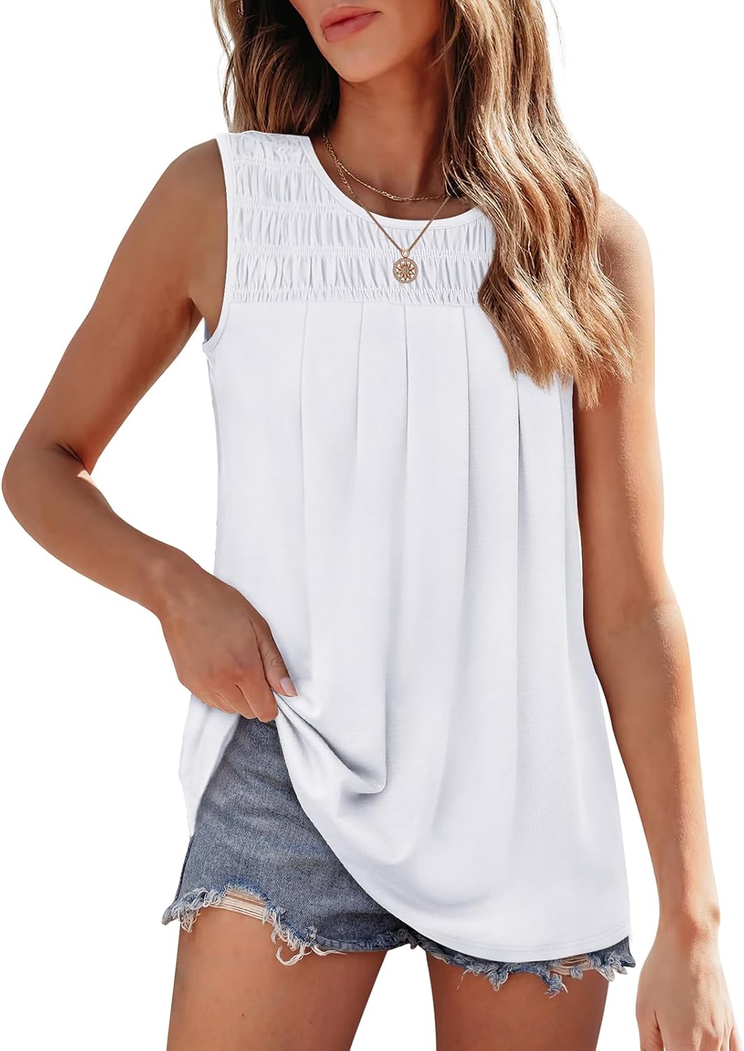 OFEEFAN Womens Tank Tops Summer Pleated Crew Neck Sleeveless Tops for Women Ruch...