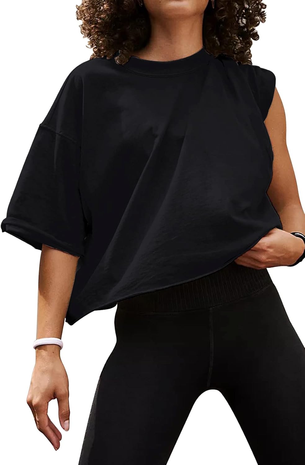 Women's Oversize Workout Crop Tops Casual Short Sleeve Drop Shoulder Boxy T-Shir...