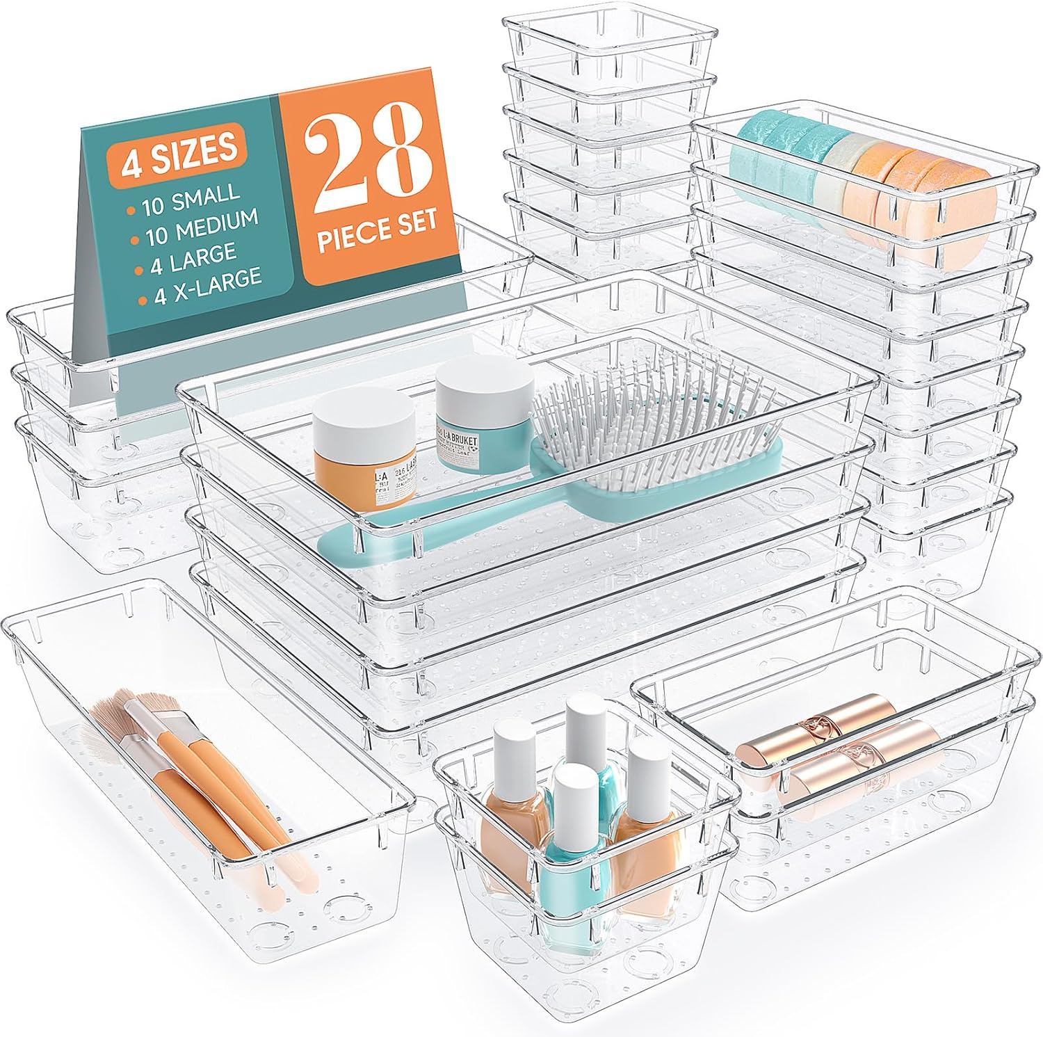 28 PCS Clear Plastic Drawer Organizers Set, 4 Size Desk Drawer Organizer Trays f...