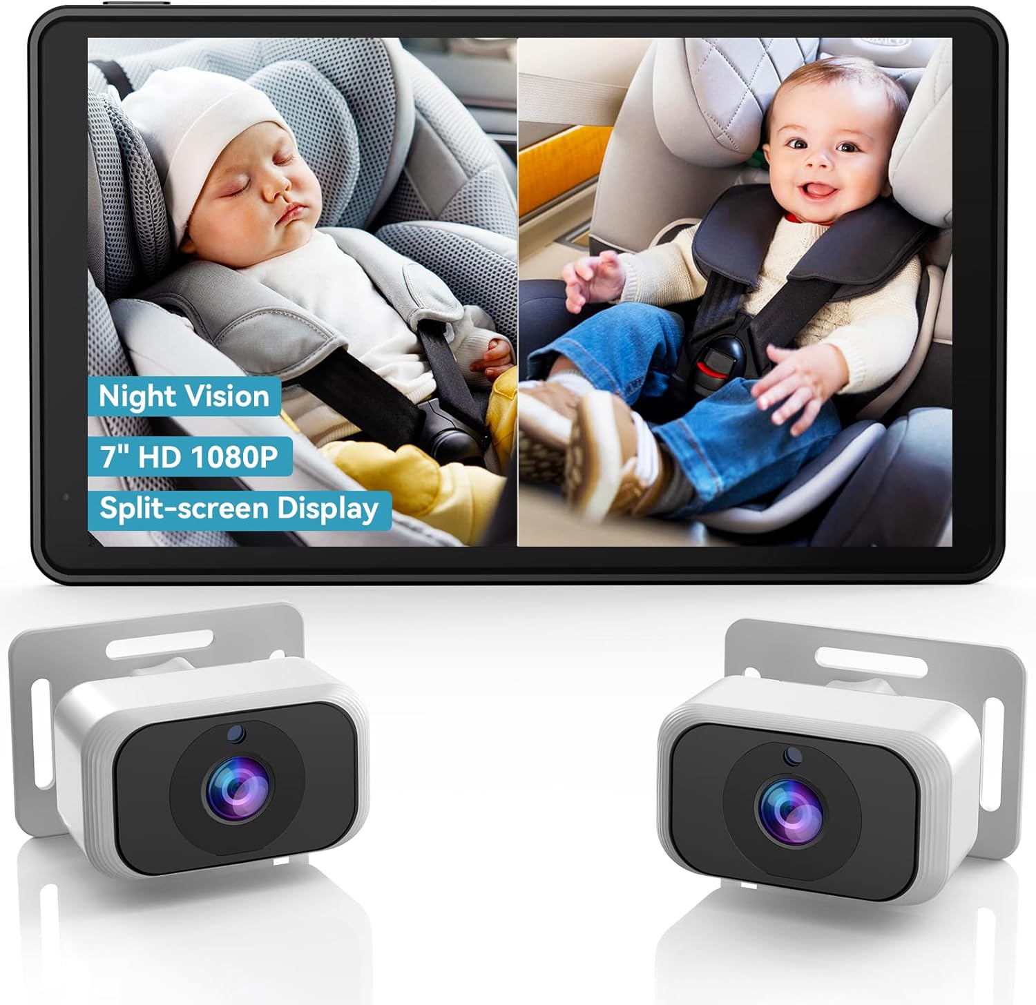 Baby Car Camera for 2-Kids: 7 Inch IPS Display with Dual Carseat Camera, Split S...