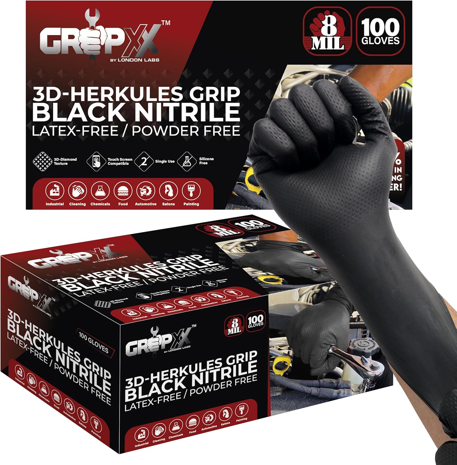 Herkules Grip Heavy Duty 8Mil Black Nitrile Gloves,3D Raised Diamond Texture-Lat...