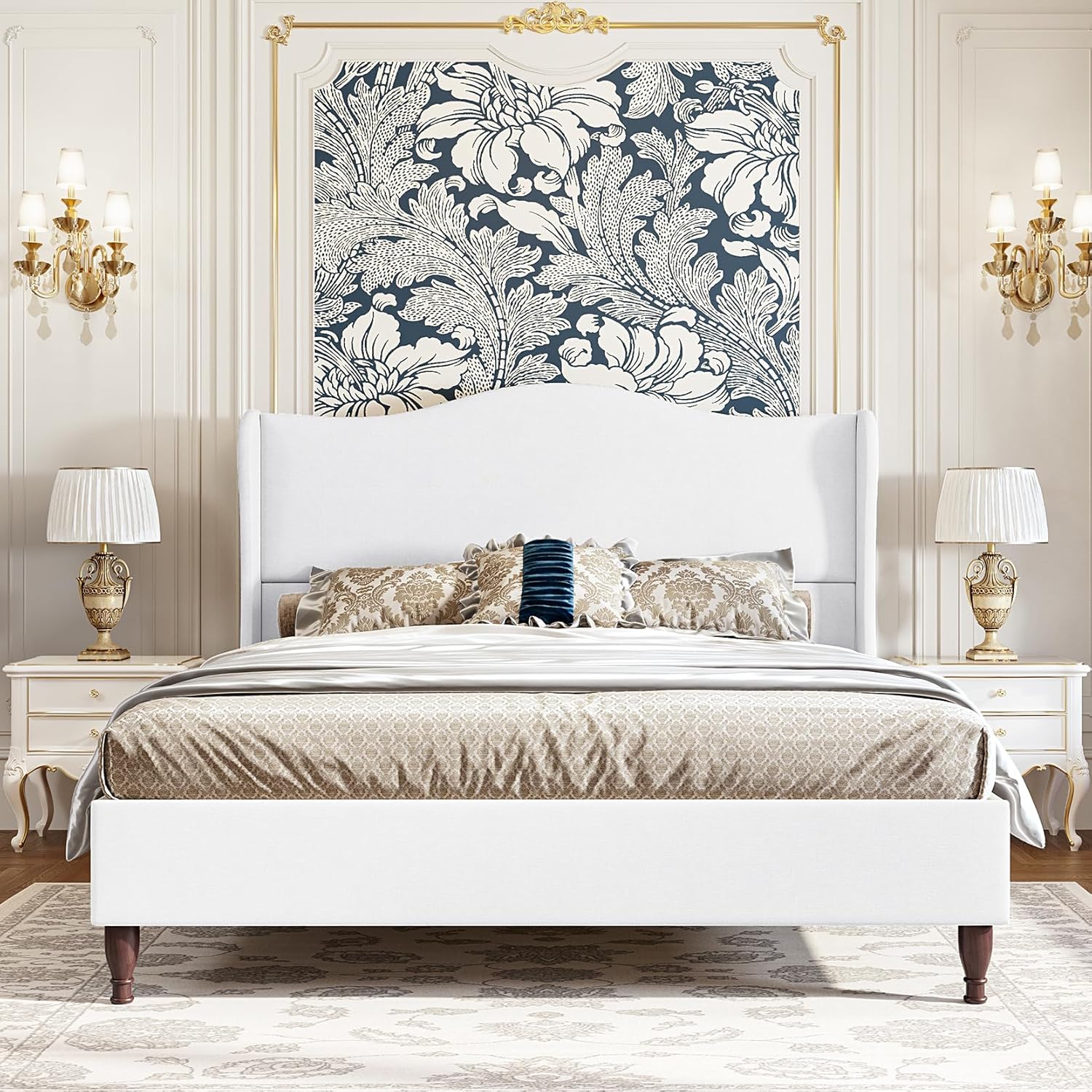 Queen Size Upholstered Bed Frame with 51" Tall Headboard Classic Curved Wingback...