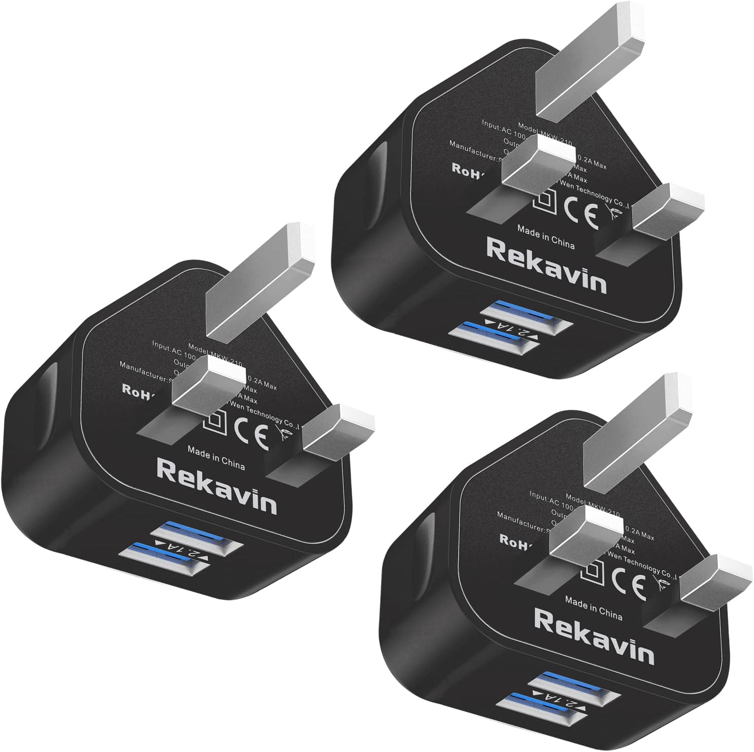 Rekavin USB Plug, 3 Pack USB Charger Plug Adaptor UK Dual Ports 5V/2.1A USB Wall...