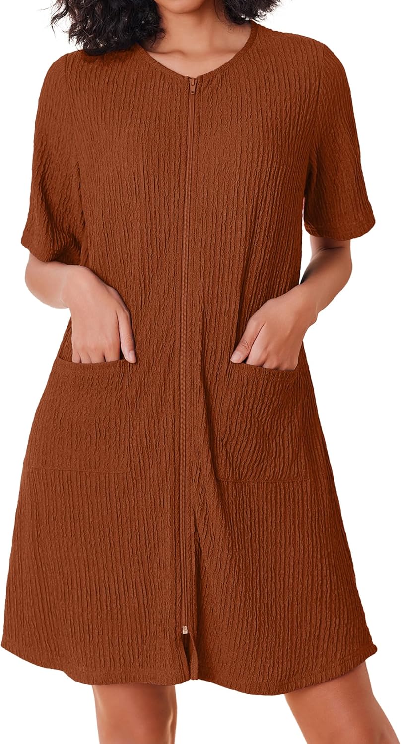 Ekouaer Women Zipper Robes Knit Short Bathrobe Lightweight House Coat with Pocke...