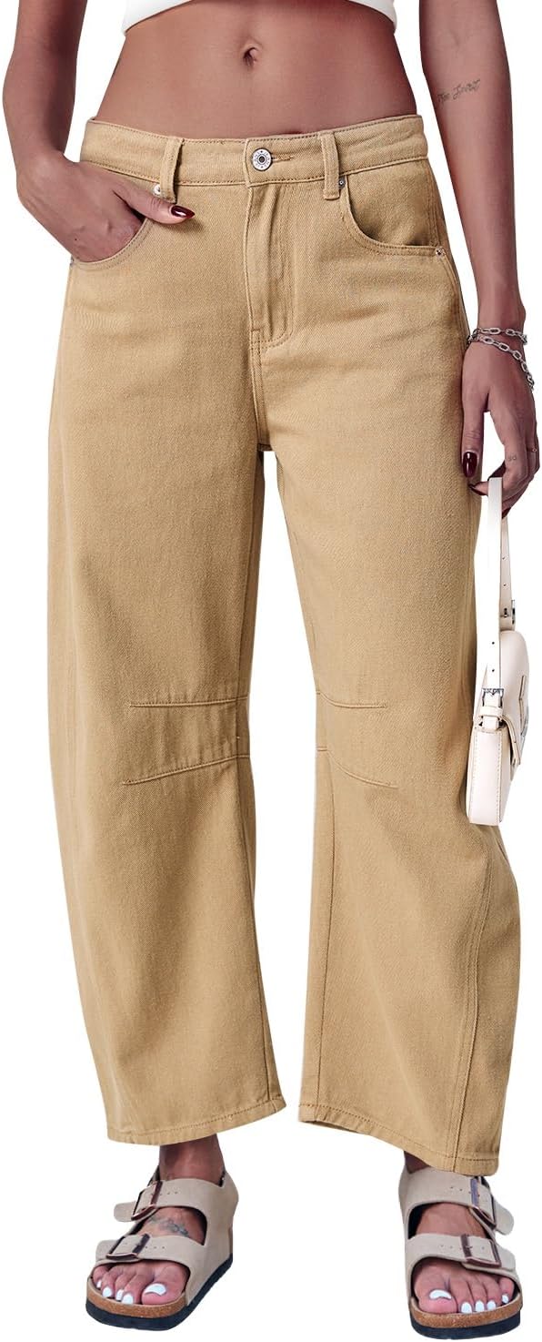 Mid Rise Barrel Jeans for Women Wide Leg Mid Waist Cropped Denim Pants Y2k Baggy...