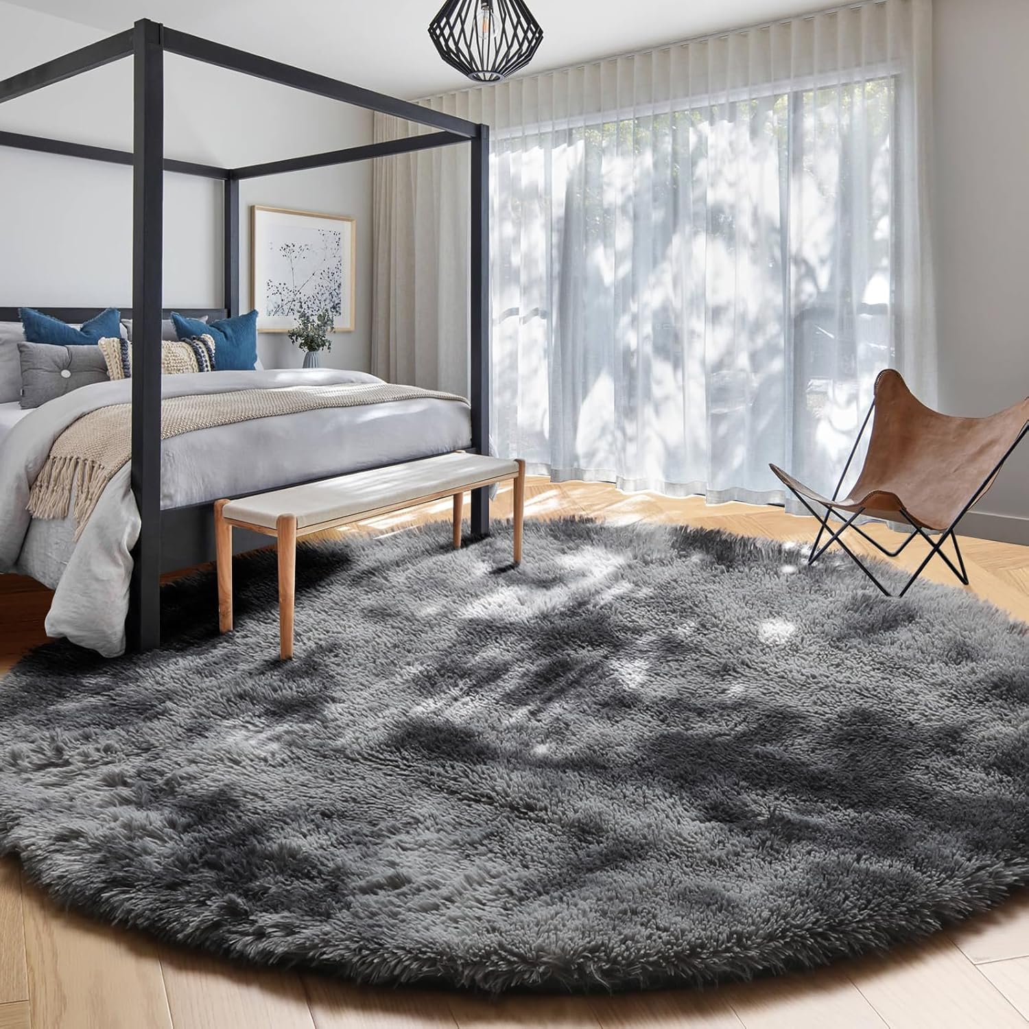 Amdrebio Tie-Dyed Dark Grey Round Rugs for Living Room, 8x8 Rug, Extra Large Cir...