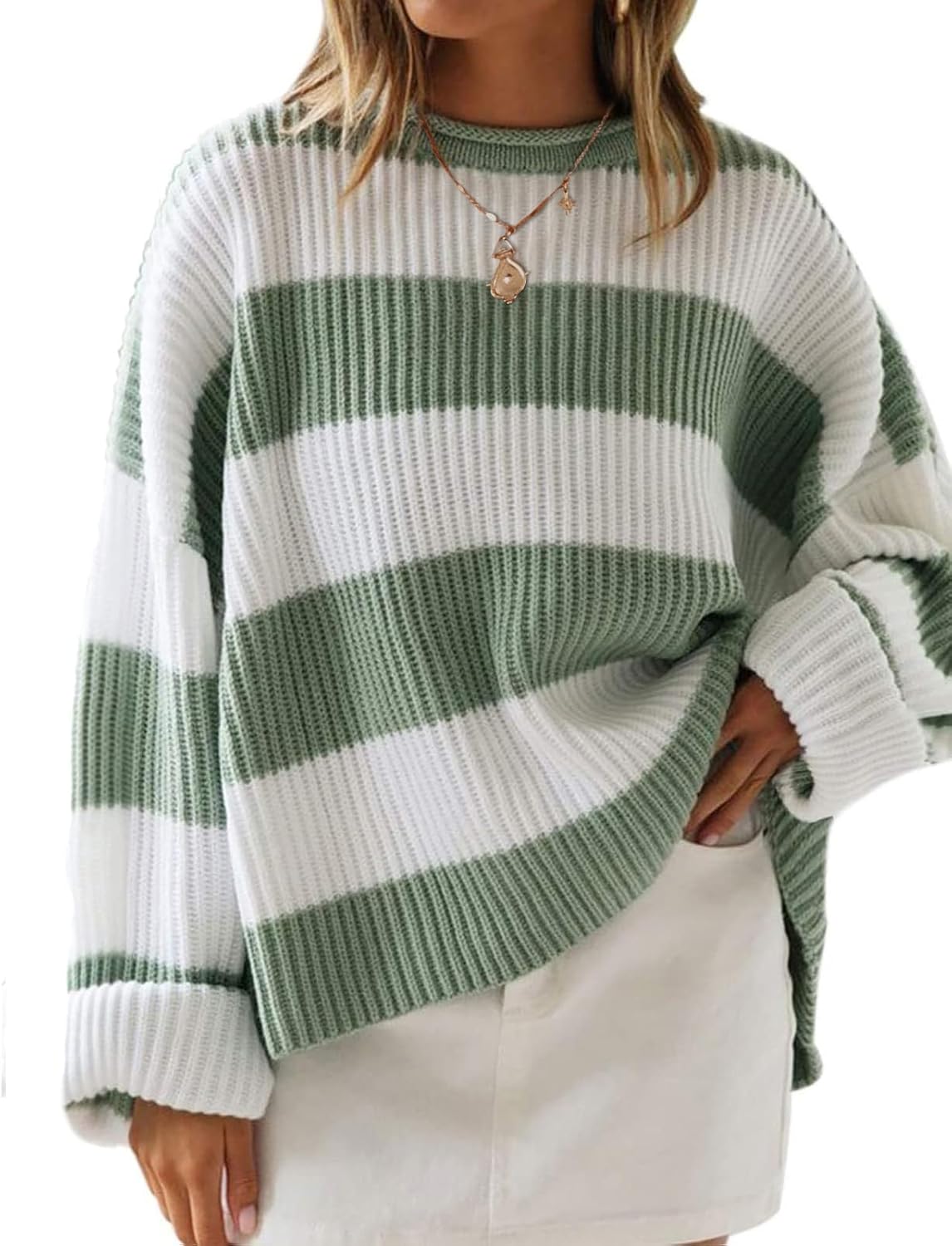 ZESICA Women's Fall Long Sleeve Crew Neck Striped Color Block Comfy Loose Oversi...