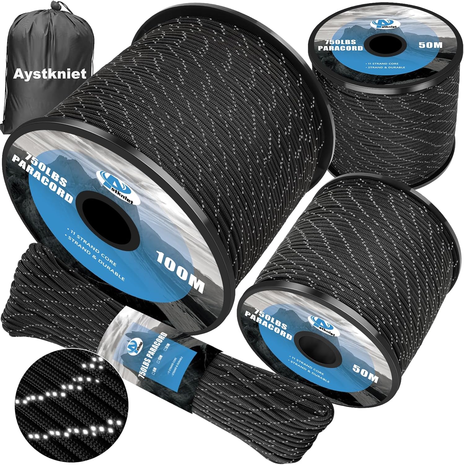 Aystkniet 750LB Paracord Rope, 11 Strands Parachute Cord 100M / 328FT, 4mm Refle...