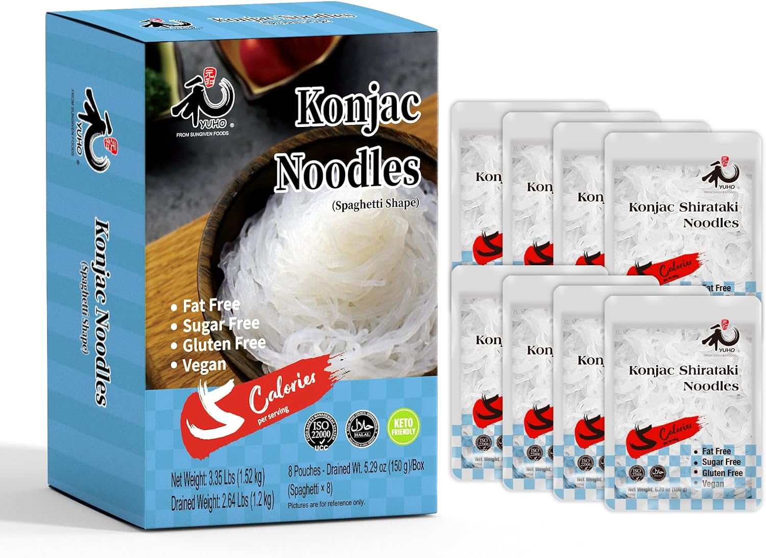 YUHO Shirataki Konjac Angel Hair Pasta, 8 x 190 g, Vegan, Low Calorie Food, Glut...