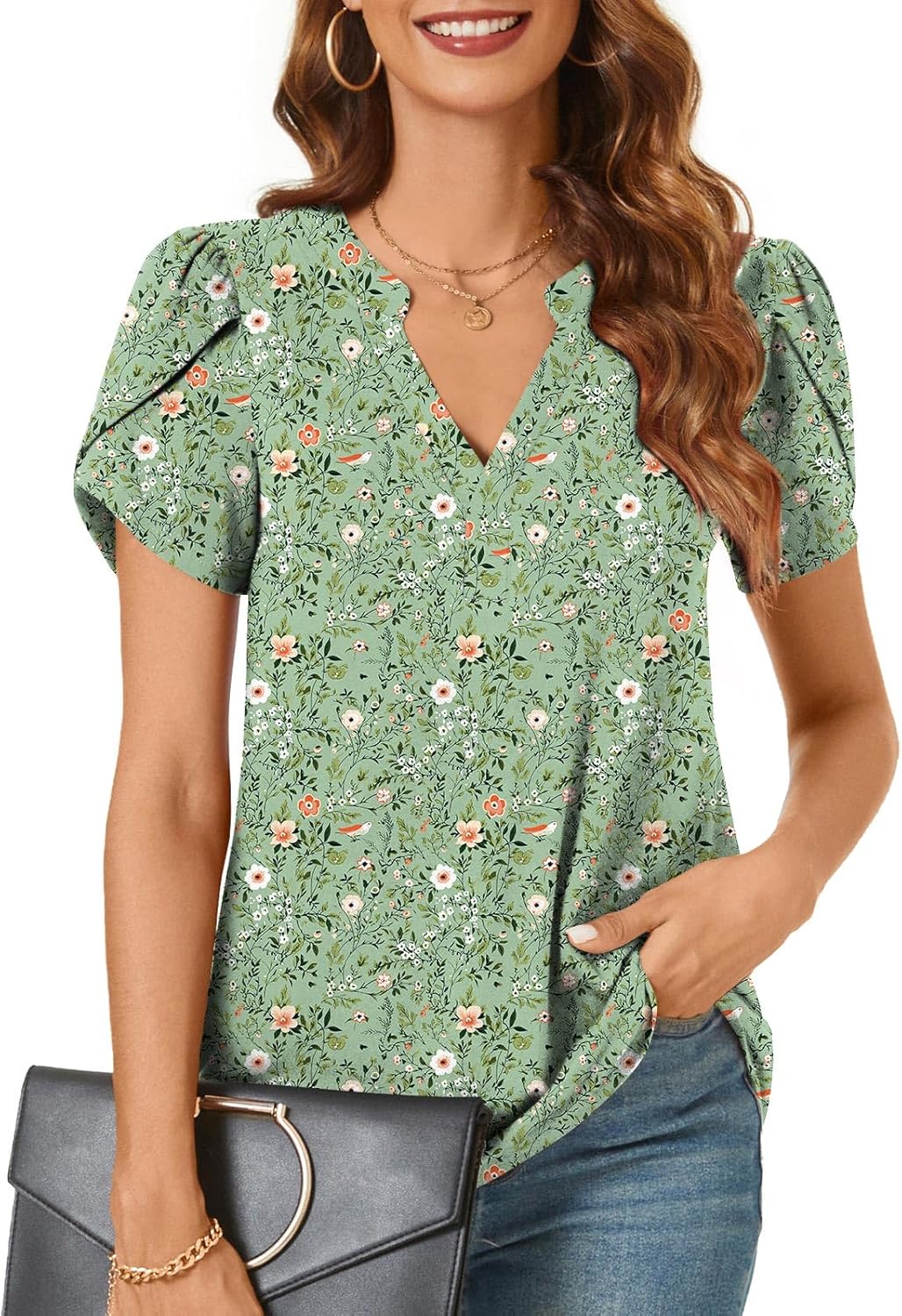 syoss Women's Summer Tunic Tops Petal Short Sleeve V Neck Shirts Casual Blouse S...