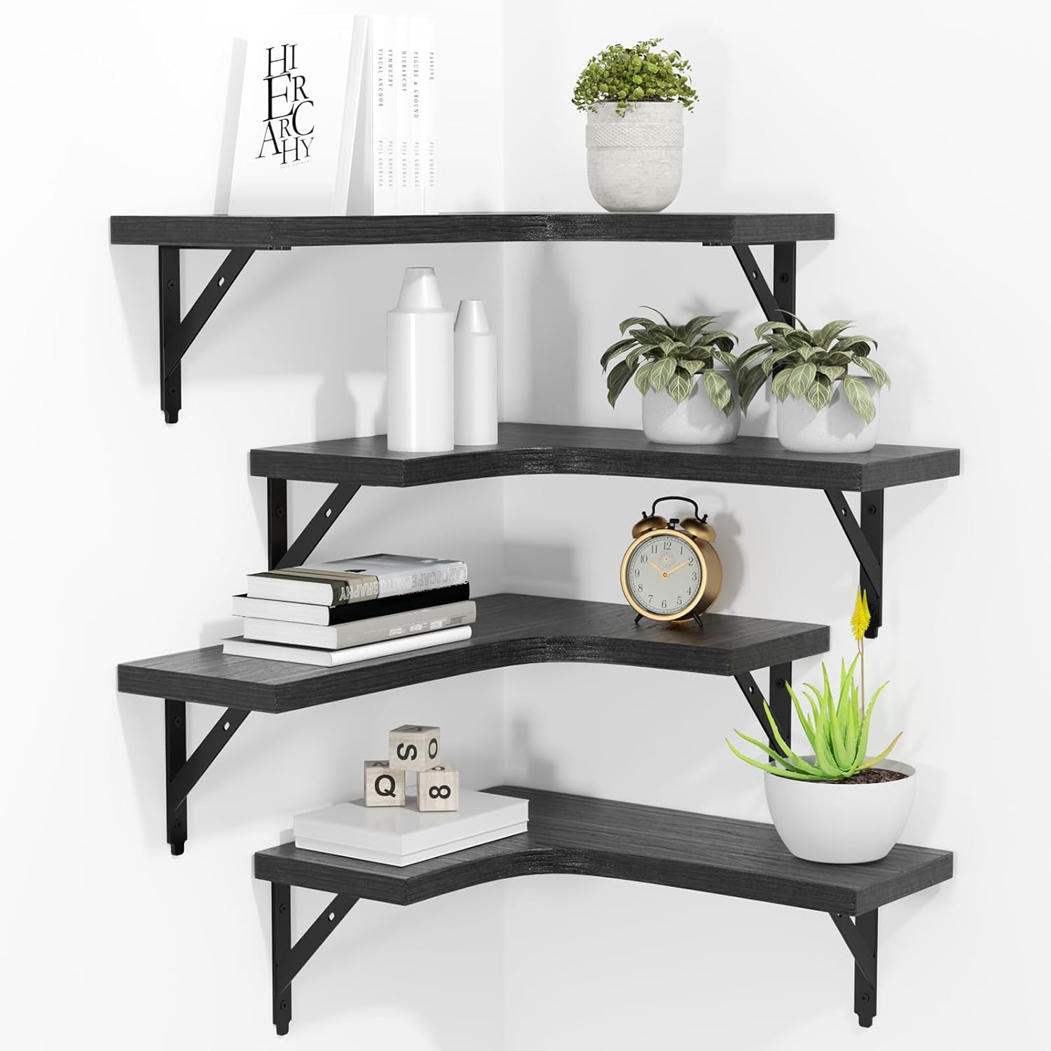 Corner Floating Shelves Wall Mounted Set of 4, Rustic Wood Storage Display Wall...