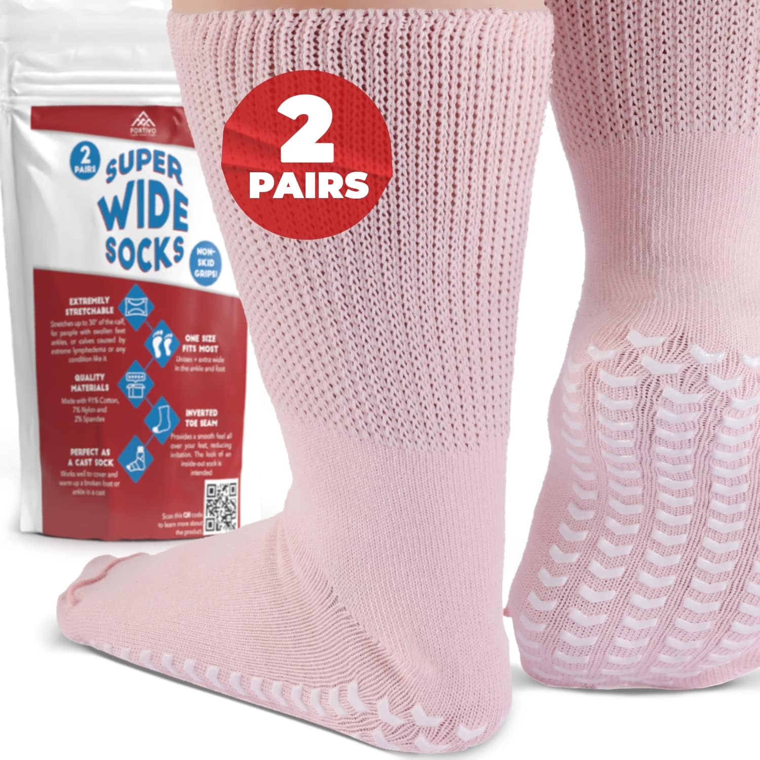 FORTIVO 2 Pairs Extra Wide Socks For Swollen Feet, Non-Slip Hospital and Diabeti...