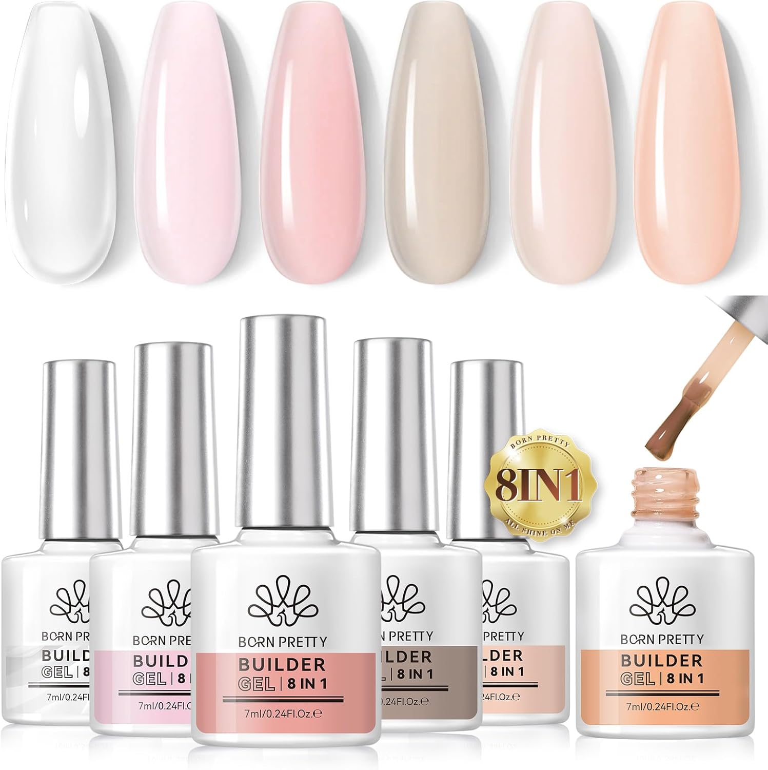 BORN PRETTY Builder Gel 8-in-1, 6 Colors Nude Pink Gel for Nails, Clear White Ha...