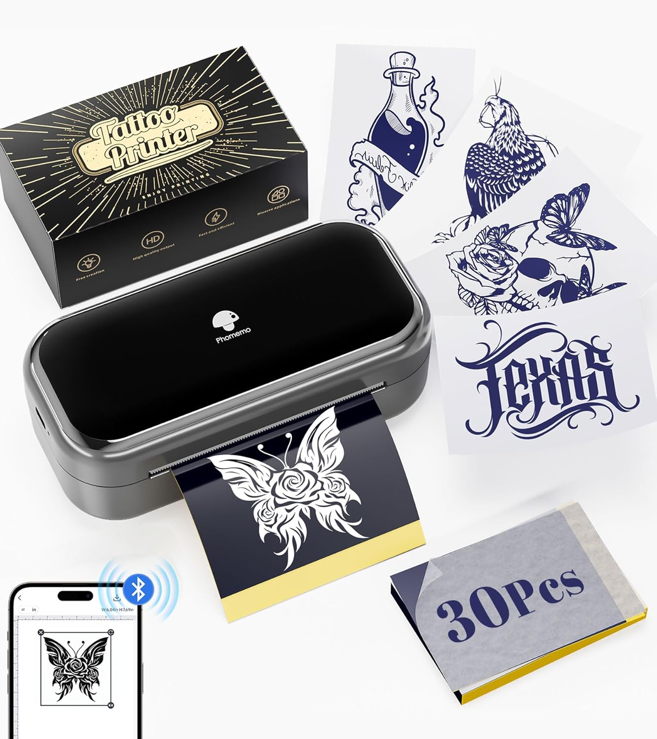 Phomemo TP31 Wireless Tattoo Stencil Printer with 30pcs Transfer Paper, Compatib...