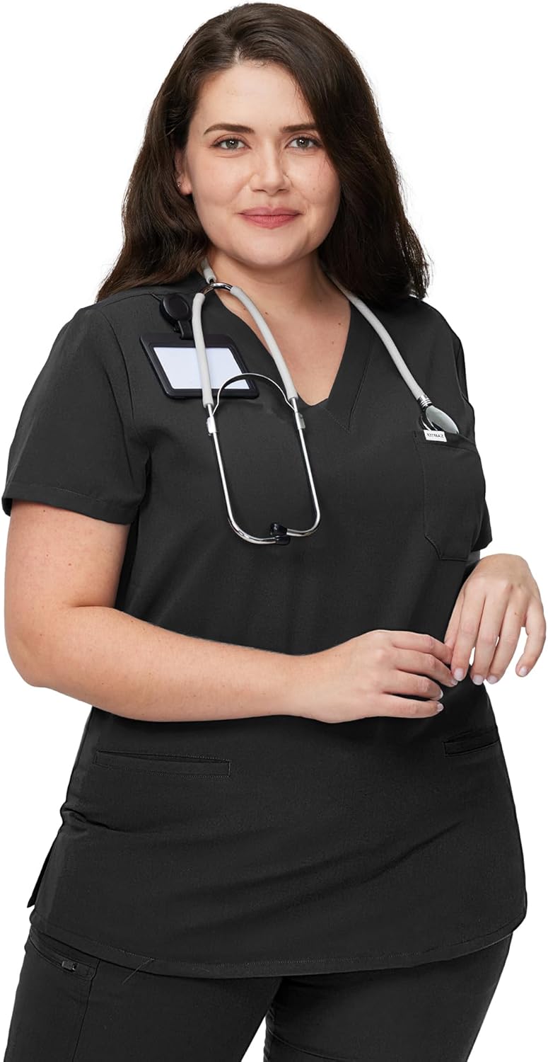 Medical Scrub Tops for Women - Soft Stretch V-Neck Top Scrubs with 3 Pockets Bla...
