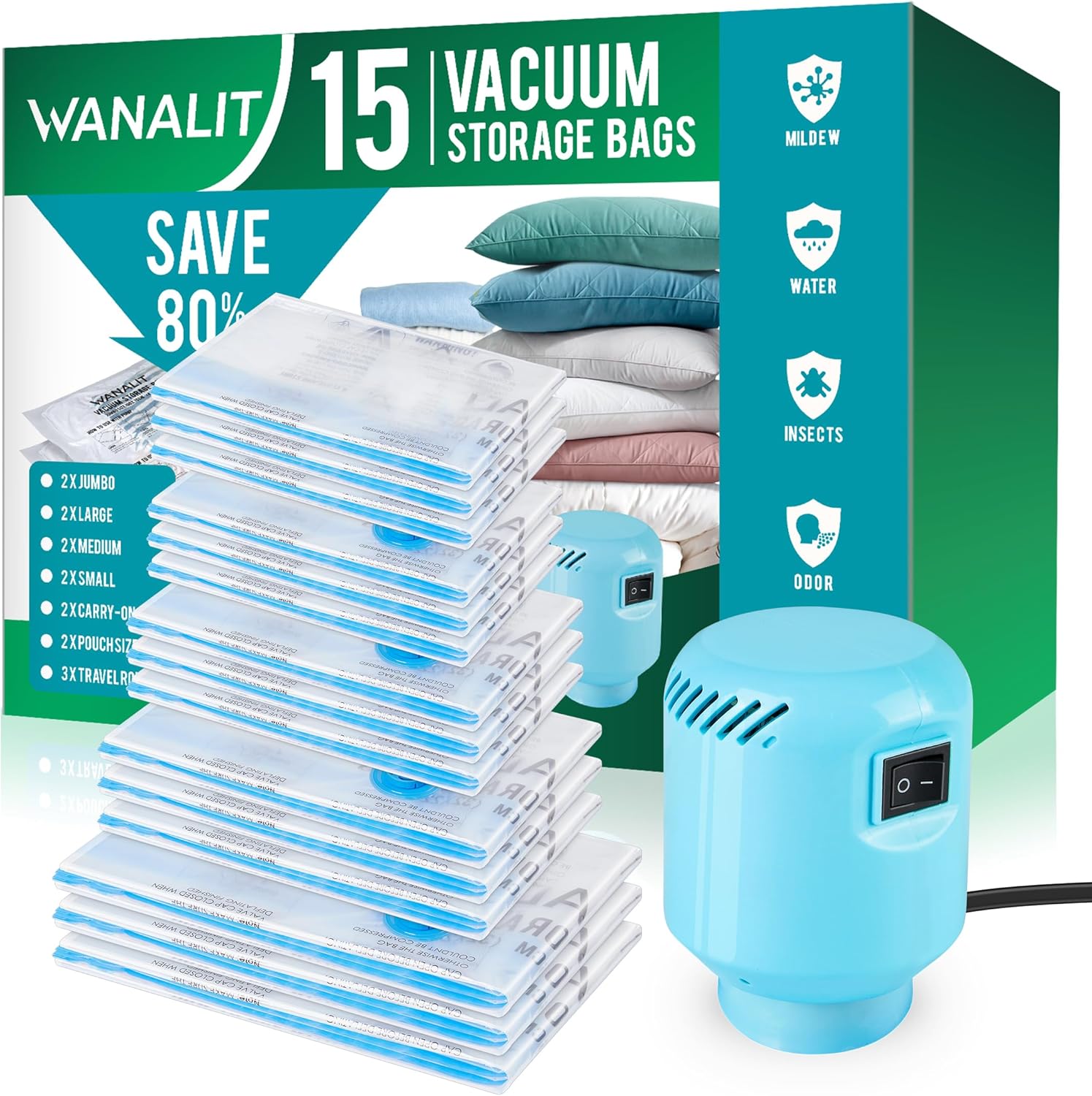 Vacuum Storage Bags with Electric Air Pump, New Air Valve Combo 15 Pack Space Sa...