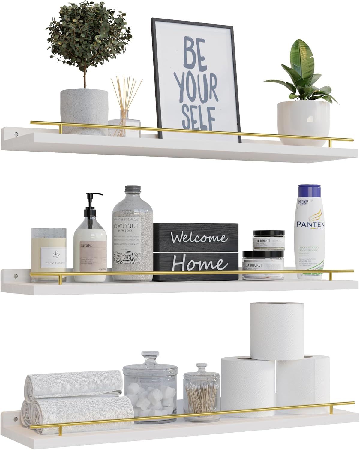 WOPITUES Floating Shelves 24 inch with Gold Metal Guardrail, Shelves for Wall De...