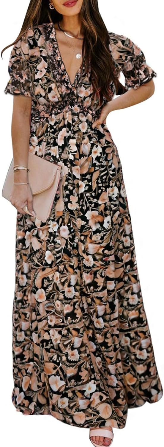 BLENCOT Womens Casual Boho Floral Printed V Neck Short Sleeve Long Evening Dress...