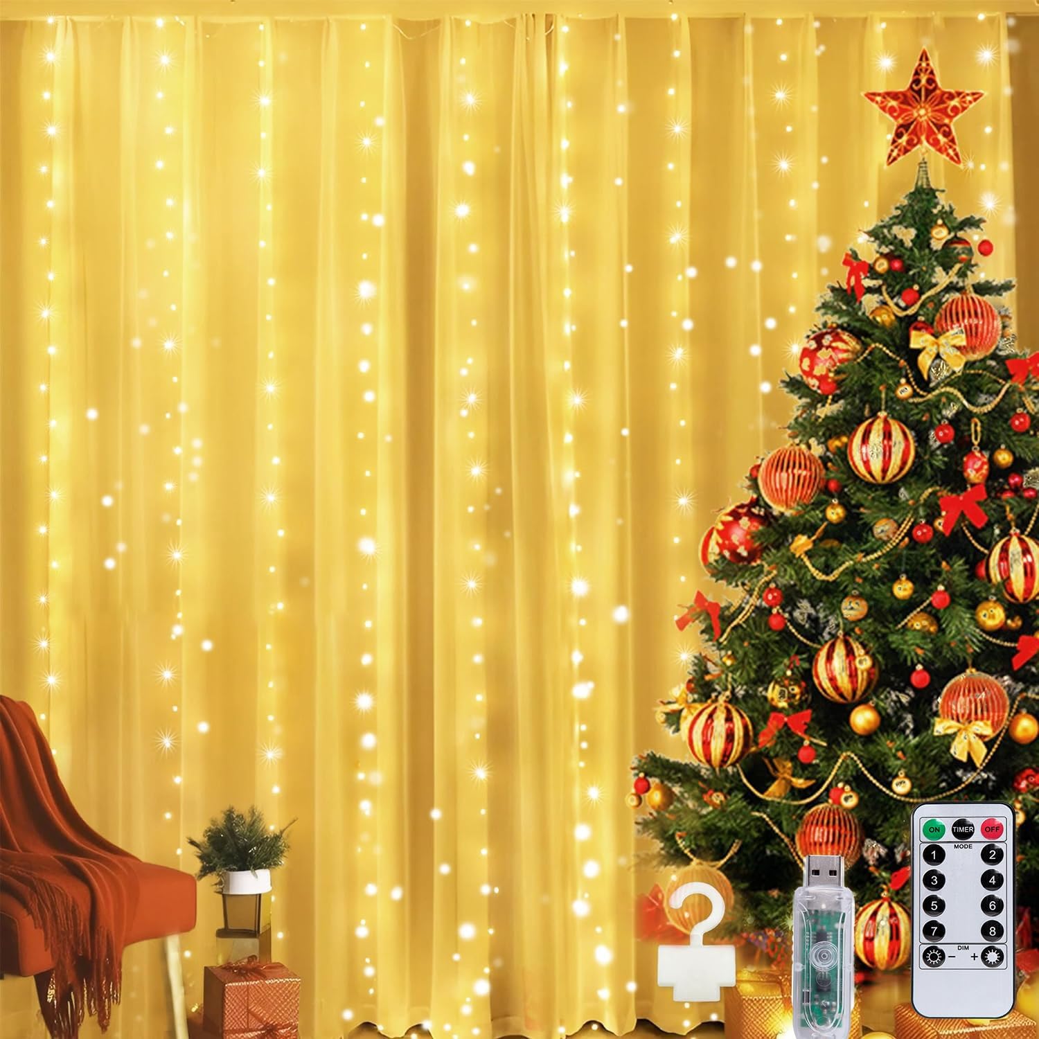 Curtain Lights, 300 LED Dimmable Fairy Lights with Remote and Timer, 8 Modes, US...