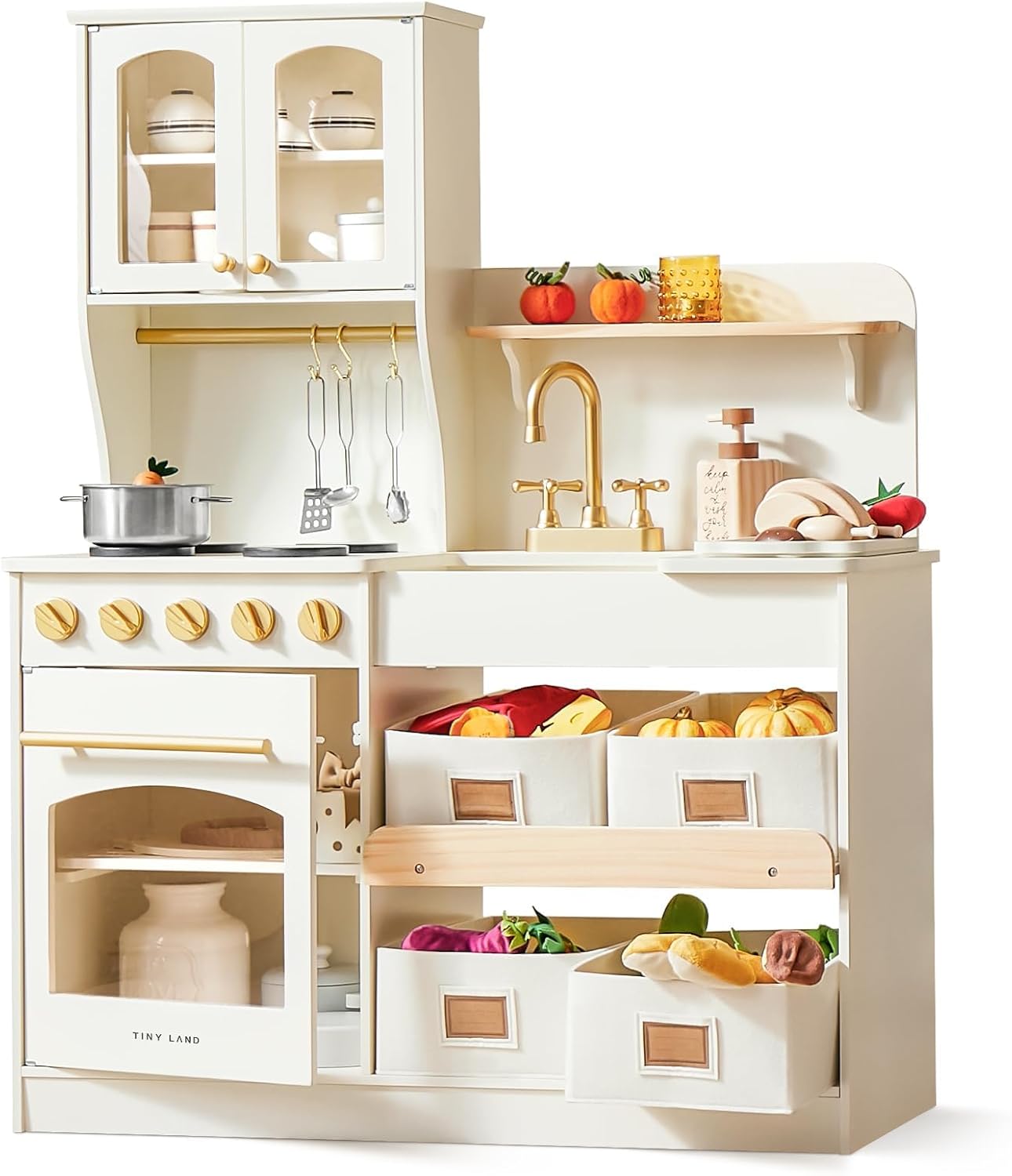 Tiny Land Play Kitchen for Kids, Wooden Play Kitchen with Toy Storage System, To...