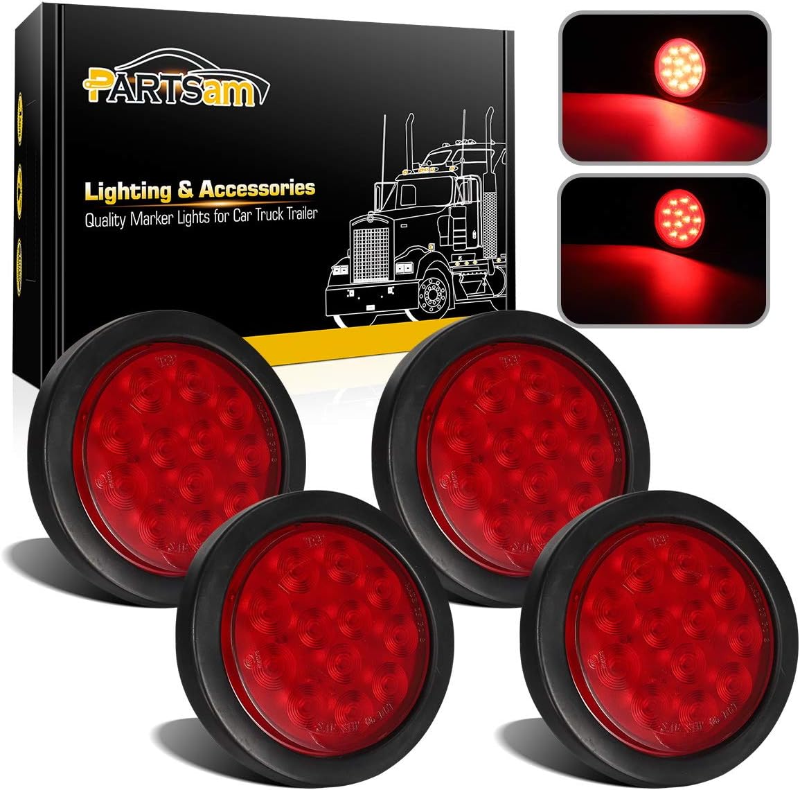 Partsam 4Pcs 4 Inch Round Led Trailer Tail Lights Kit Red 12 LED Waterproof 4" B...