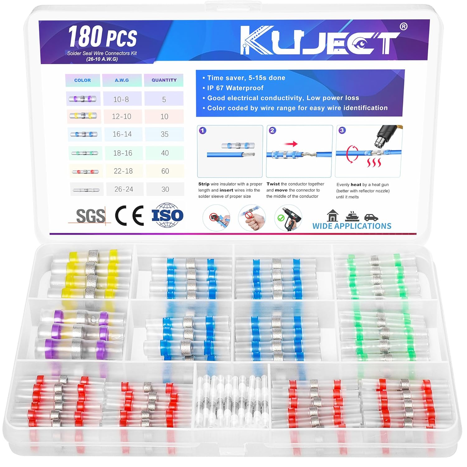 Kuject Heat Shrink Self Solder Wire Connectors Kit 180PCS, Crimpless & Solderles...