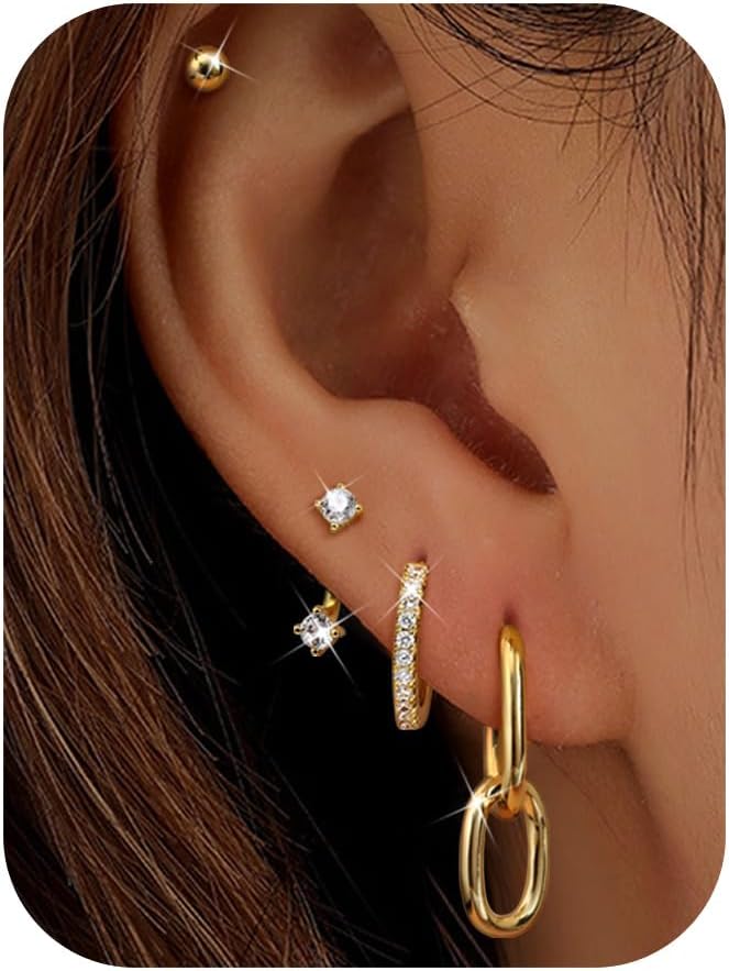 Gold Earrings for Women Surgical Steel - Hypoallergenic 14K Gold Plated Huggie H...