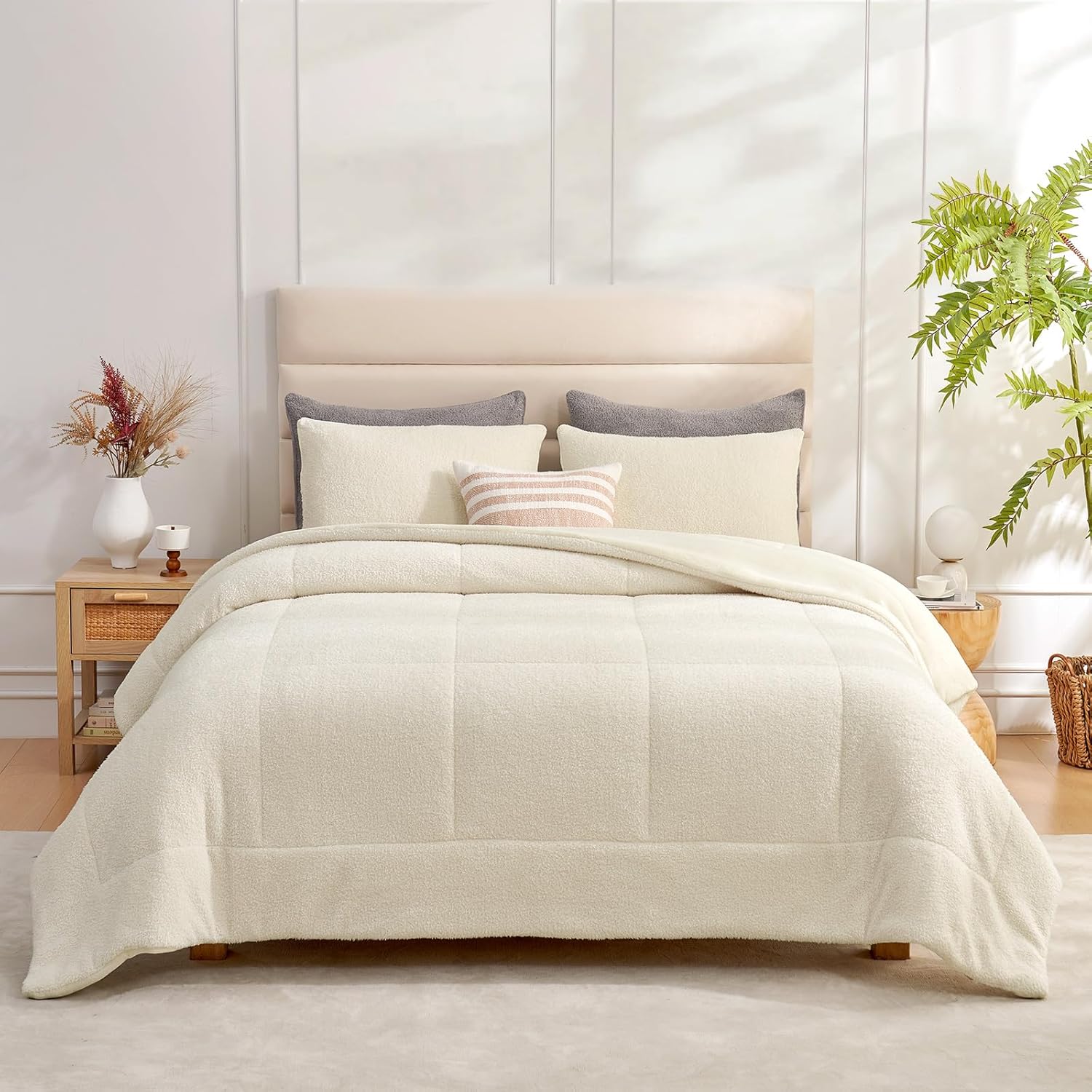Snuggle Sac Ultra Soft Queen Comforter Set Ivory, 3 Pieces Solid Warm Sherpa Flu...