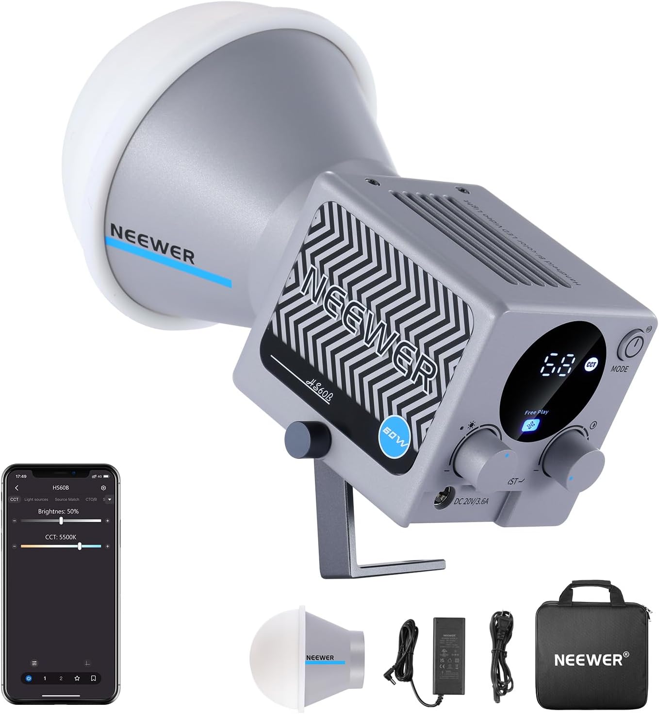 NEEWER HS60B Mini Video Light with App Control, 60W Handheld Portable Bi Color C...