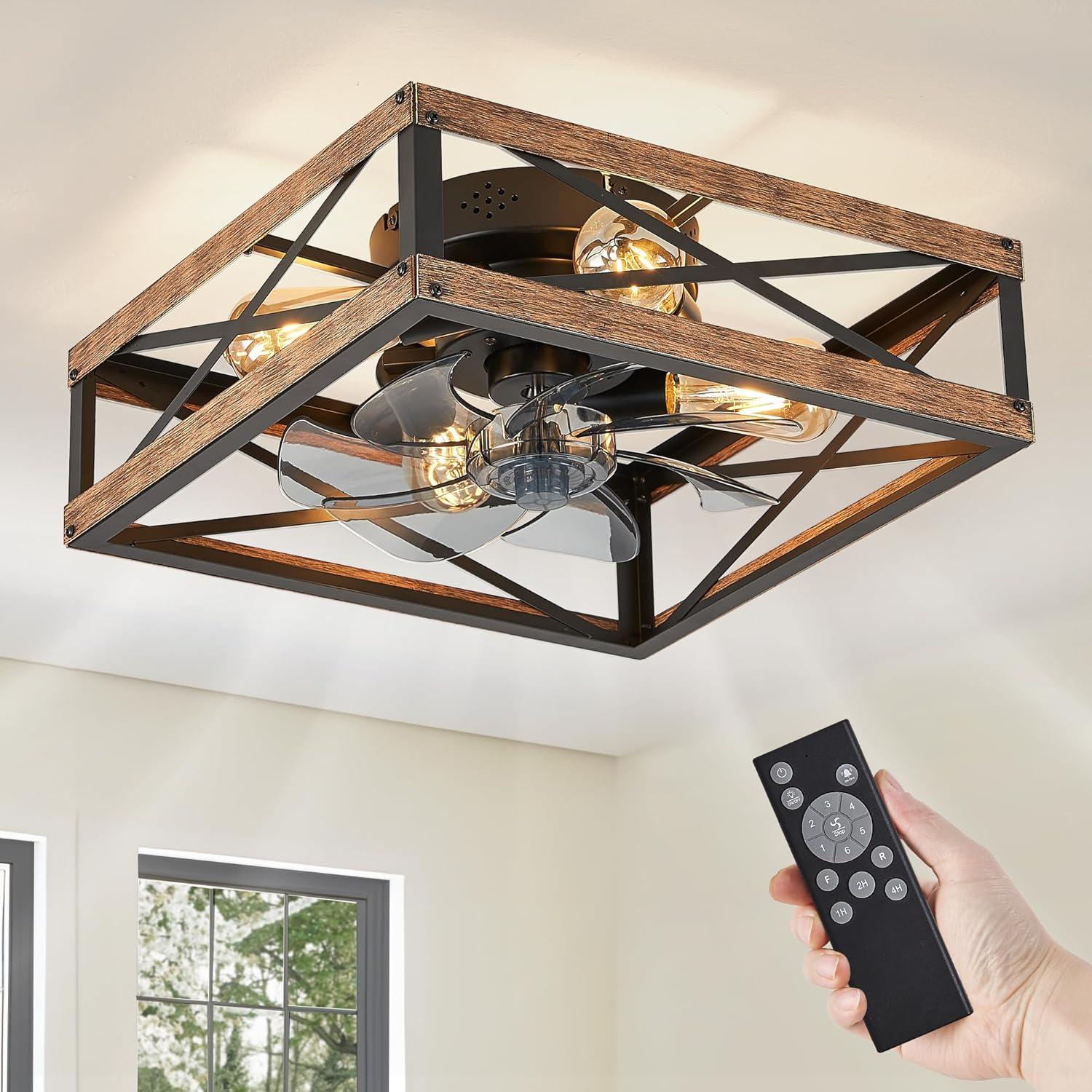 LEDIARY Caged Low Profile Ceiling Fans with Lights and Remote, Rustic Square Flu...