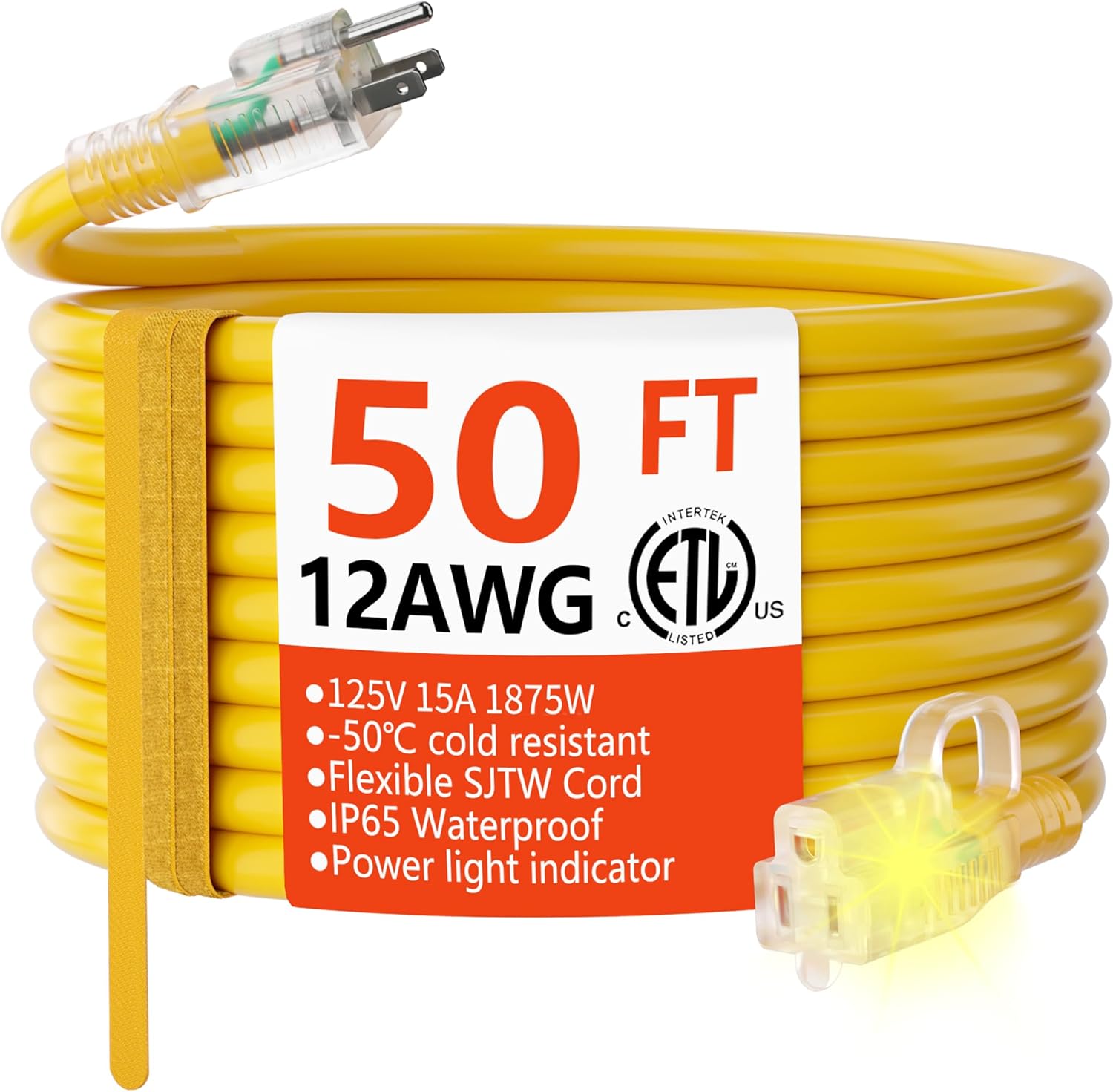 HUANCHAIN 12/3 Gauge Heavy Duty Outdoor Extension Cord 50 ft Waterproof with Lig...